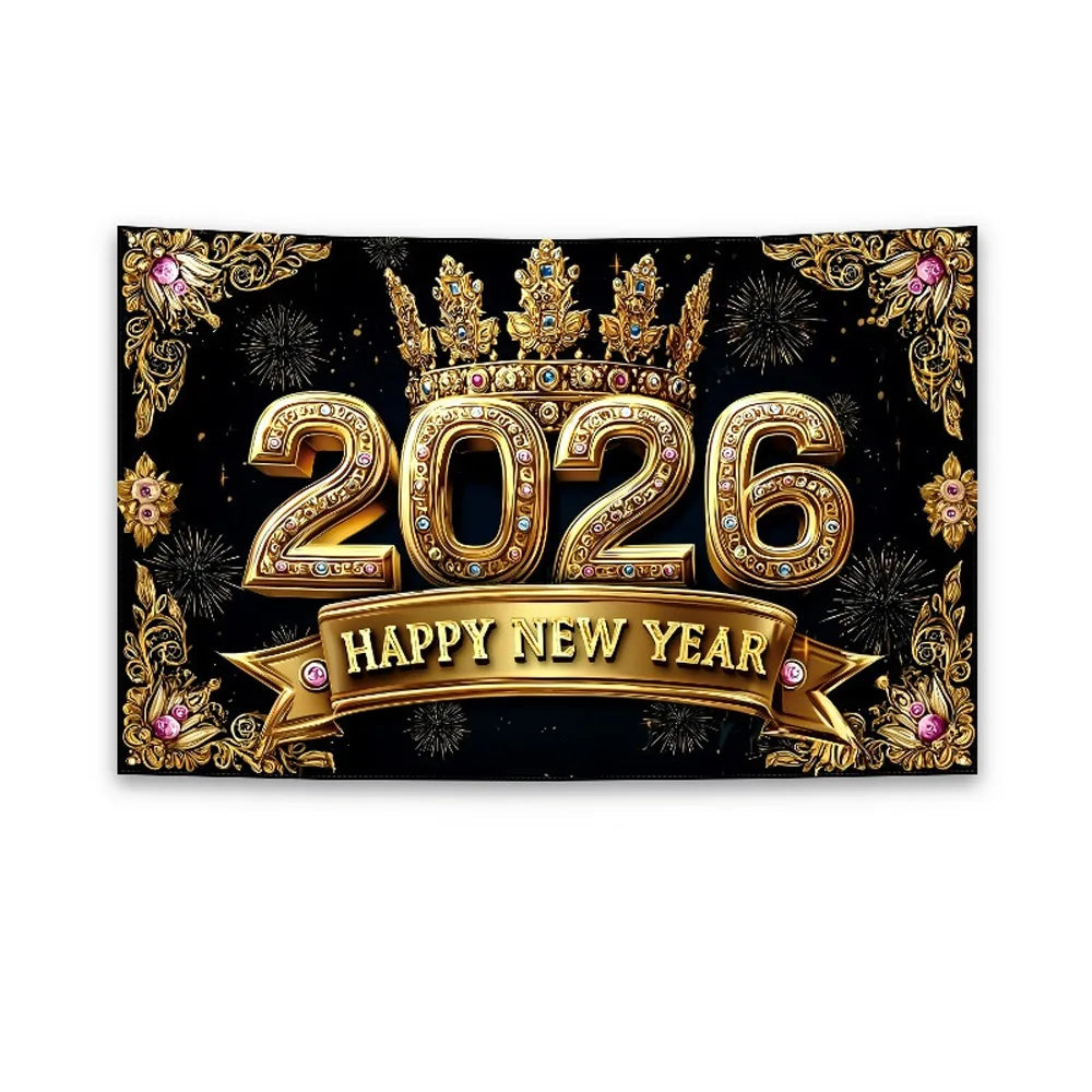 Black Gold 2026 New Year Banner Glitter Pink Polyester Photo Background Firework Balloons Celebrate Event Decoration