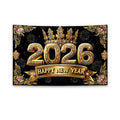 Black Gold 2026 New Year Banner Glitter Pink Polyester Photo Background Firework Balloons Celebrate Event Decoration