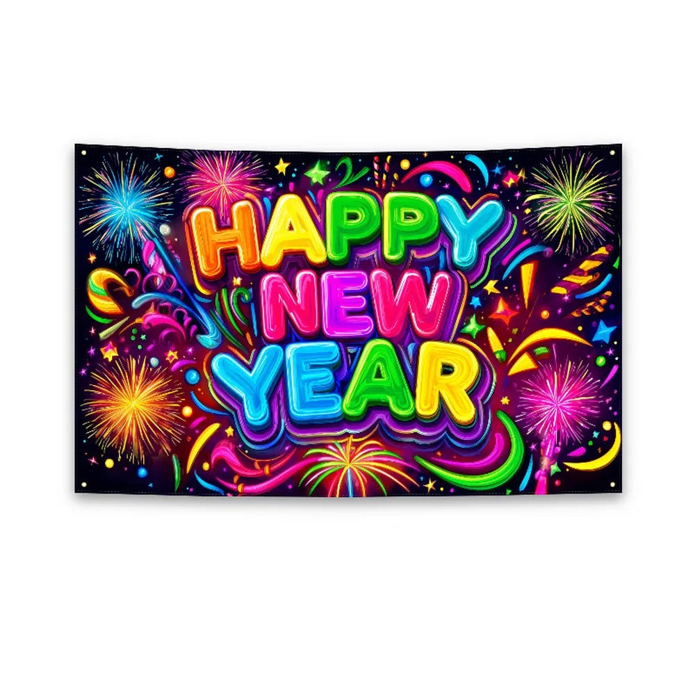 Black Gold 2026 New Year Banner Glitter Pink Polyester Photo Background Firework Balloons Celebrate Event Decoration