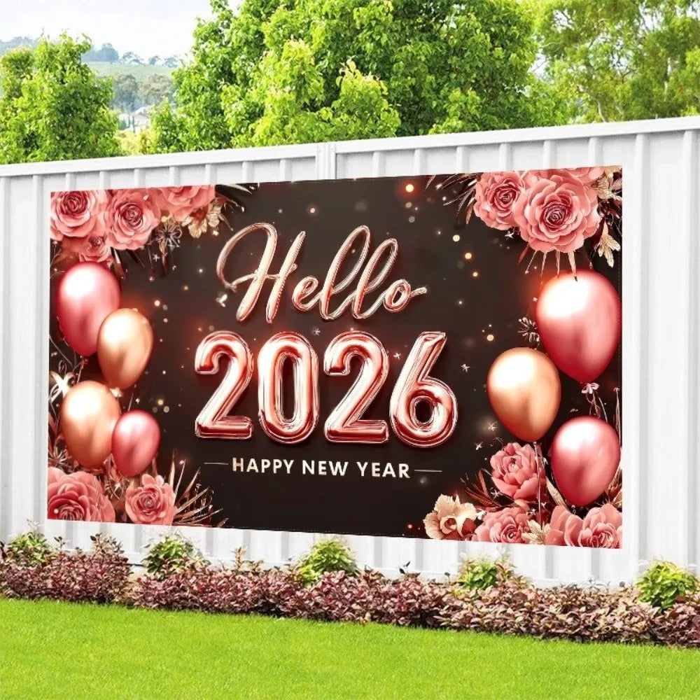 Black Gold 2026 New Year Banner Glitter Pink Polyester Photo Background Firework Balloons Celebrate Event Decoration