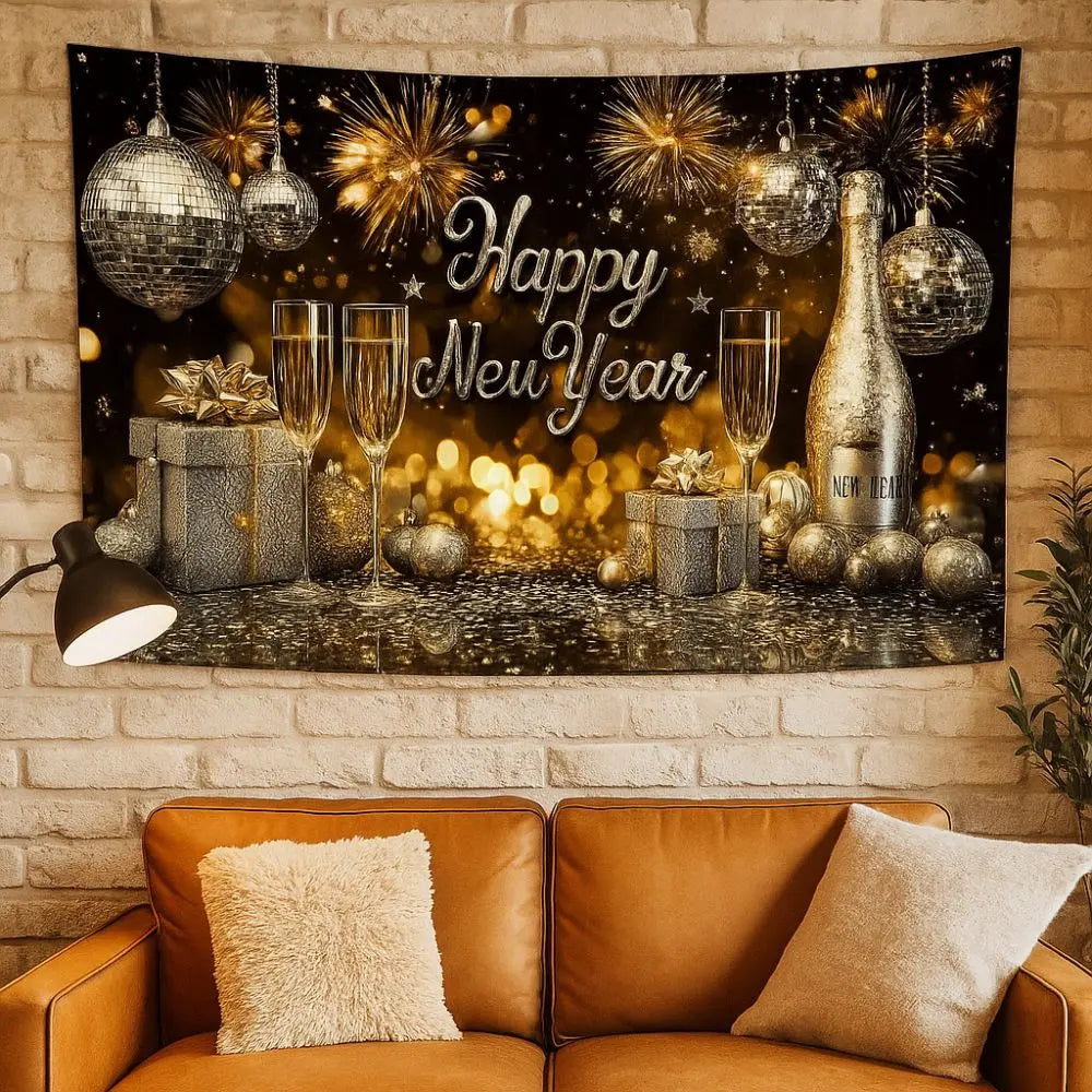 Black Gold 2026 New Year Banner Glitter Pink Polyester Photo Background Firework Balloons Celebrate Event Decoration