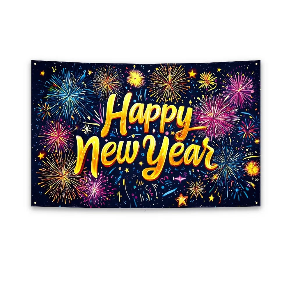 Black Gold 2026 New Year Banner Glitter Pink Polyester Photo Background Firework Balloons Celebrate Event Decoration
