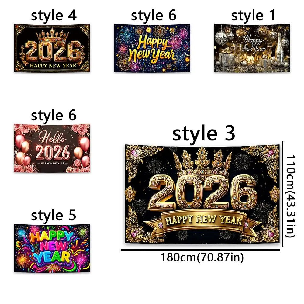 Black Gold 2026 New Year Banner Glitter Pink Polyester Photo Background Firework Balloons Celebrate Event Decoration