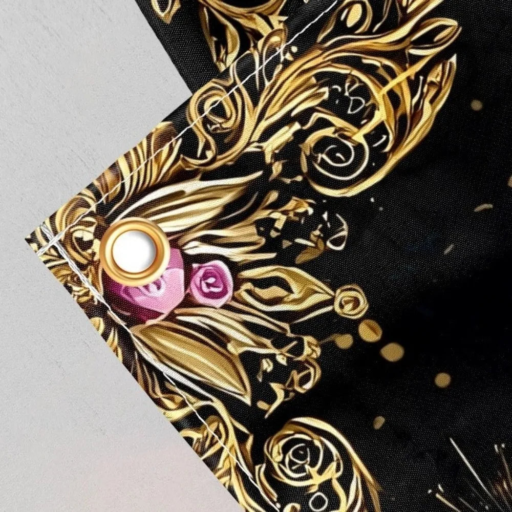 Black Gold 2026 New Year Banner Glitter Pink Polyester Photo Background Firework Balloons Celebrate Event Decoration