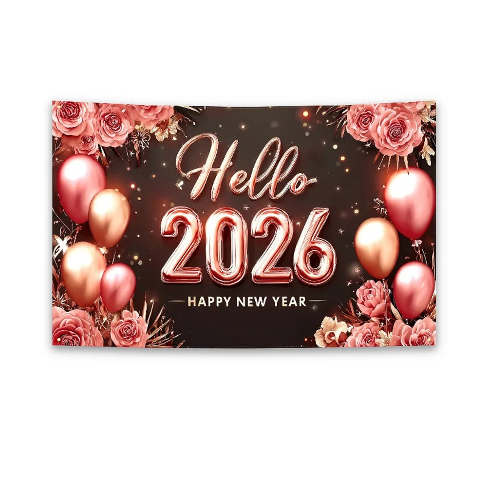Black Gold 2026 New Year Banner Glitter Pink Polyester Photo Background Firework Balloons Celebrate Event Decoration