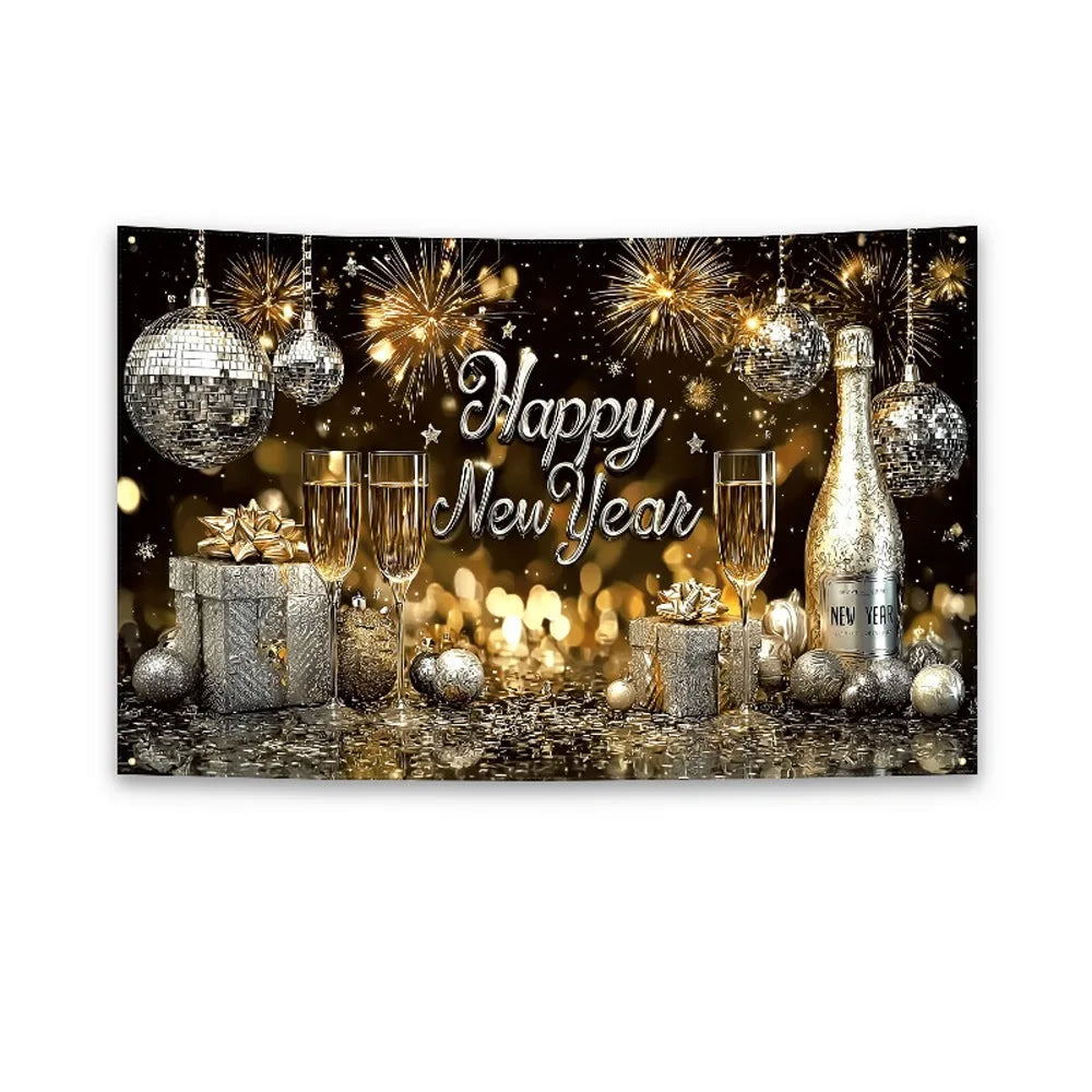 Black Gold 2026 New Year Banner Glitter Pink Polyester Photo Background Firework Balloons Celebrate Event Decoration