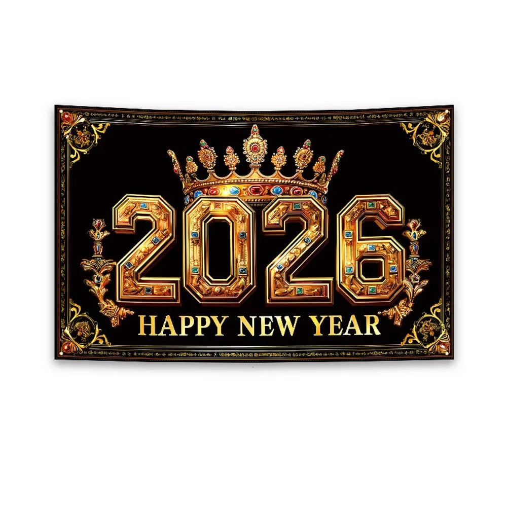 Black Gold 2026 New Year Banner Glitter Pink Polyester Photo Background Firework Balloons Celebrate Event Decoration